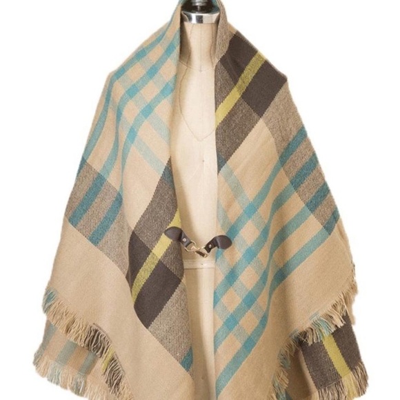 Tartan Plaid Knit Buckle Closure Frayed Edge Blanket Scarf Cape Shawl Wrap OS - Picture 13 of 13